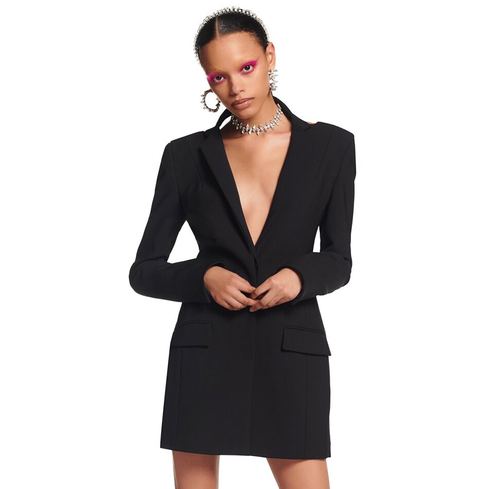 New Diamond Crystal Sexy Black Backless Female Mini Dress Long Sleeve Sexy V-Neck Slim Women Jackets Dress