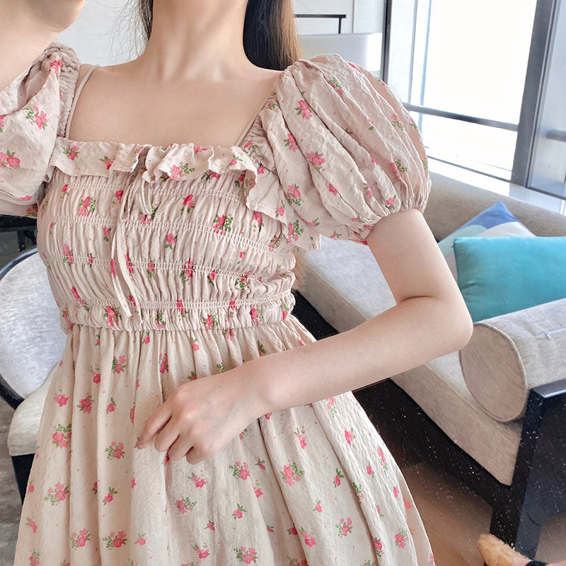 BOHO INSPIRED French Picnic Midi women dress Floral elastic shirred summer dress  ruffle dress puff sleeve chic boho dress