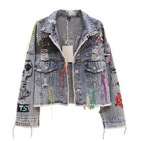 Streetwear Fashion Rivet Letter Graffiti Print Denim Jacket