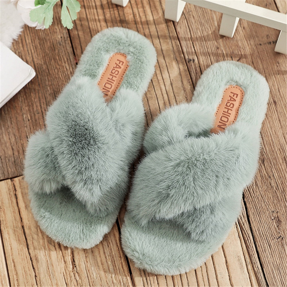Winter Female Warm Slippers 2022 Candy Color Indoor Outdoor Wear Thick Leisure Fashion Cross Cotton Furry Women Home Slippers
