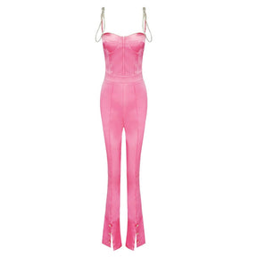 Diamond lace up double shoulder with square neck sleeveless Pink Satin Jumpsuit