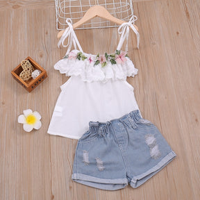 Summer Thin Suit Flower Sling Top+Denim Shorts 2Pcs Clothing Sets