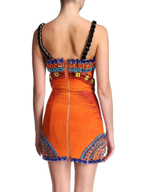 Chic Luxury Crystals Embellished Leaves Print Design Celebrity Party Bandage Mini Slip Dress