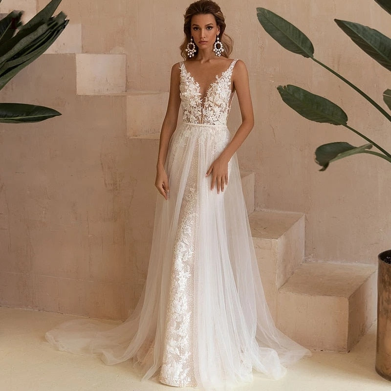 Sexy Mermaid Wedding Dresses 2022 Lace Appliques V-Neck Backless Vestido De Novia Detachable Sweep Train Tulle Robe De Mariée