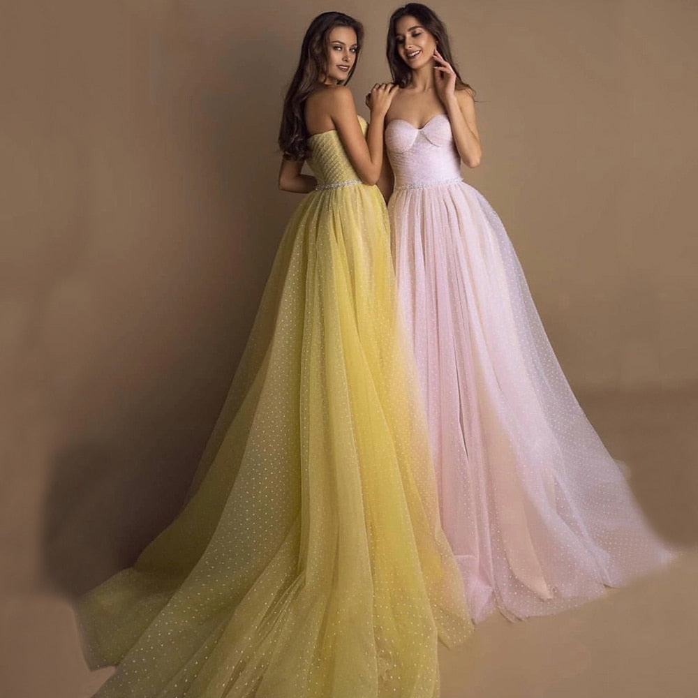 Sweetheart Pink Long Evening Dress Party Elegant 2022 Robe De Soiree Detachable Sleeves Yellow Prom Dresses With Belt