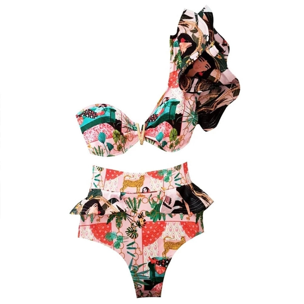 New High Waist Bikini Set One Shoulder Swimsuit Print Floral Brazilian Swimming Suit Bathing Suit Summer Beach Wear biquini