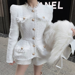Shorts Blazer Suit Women White Black Tweed  New Autumn Bright Silk Tweed Blazer Shorts Suit Two Piece Sets High Quality