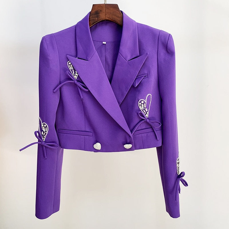 Women Set Skirt Blazer Purple 2021 Autumn Winter New Heart Shaped Diamond Button Beaded Bow Short Jacket + Skirt Two Pcs Suit
