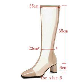 Boots Patent Leather Knee High Boots Sexy Hollow Breathable Mesh Boots Fashion Zipper Thick High Heel Shoes