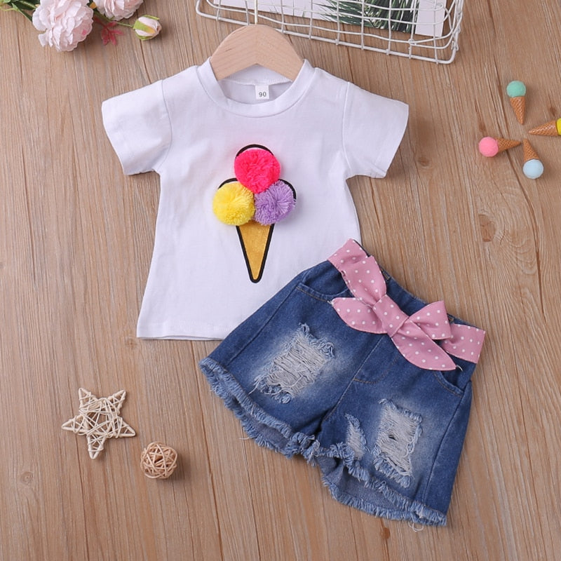 T-Shirt+Denim Shorts 2Pcs Clothing Sets Baby Girl Clothes Kids