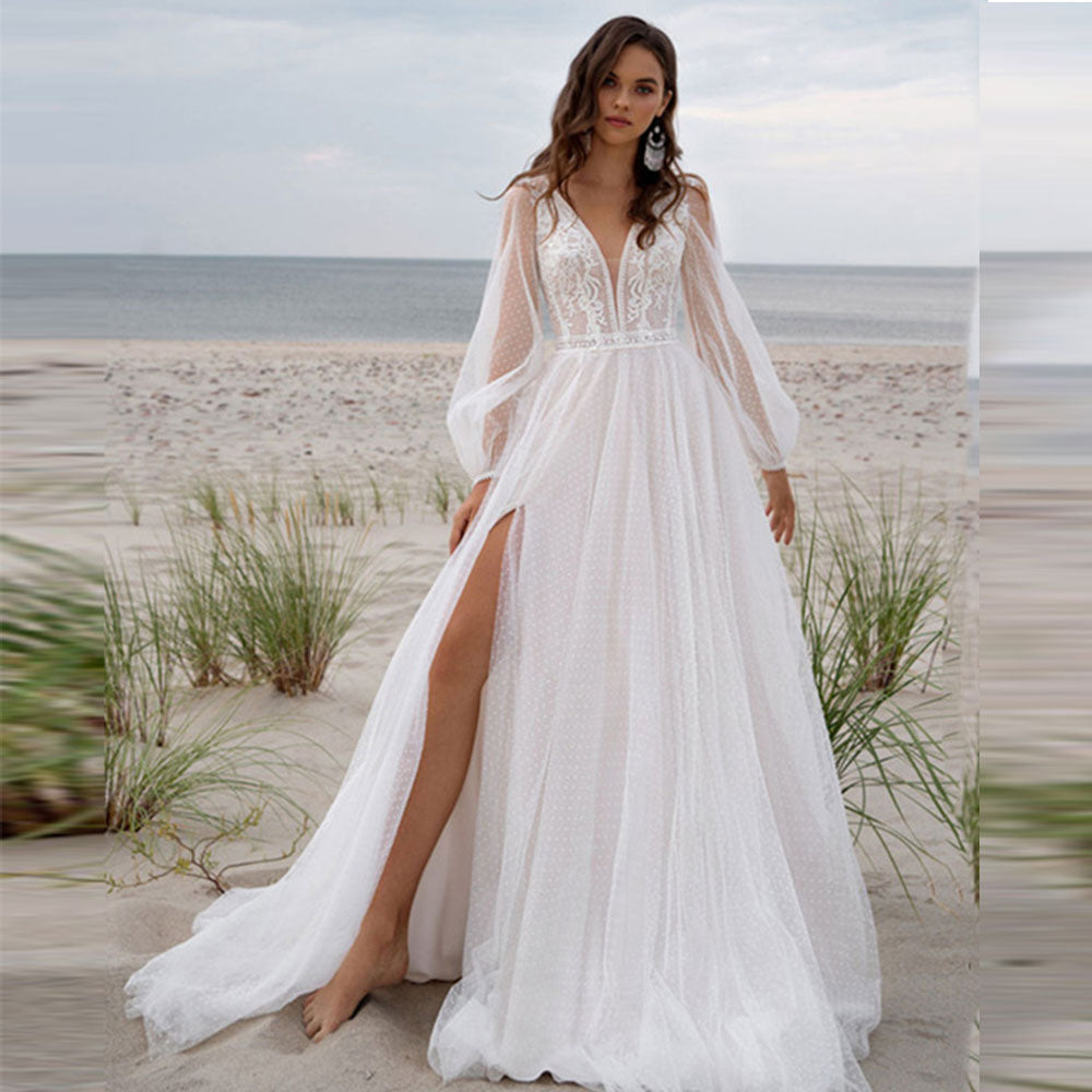 Bohemian V-neck Tulle Wedding Dress Long Puff Sleeves High Slide Appliques Bridal Gown Custom Made For Women Robe De Mariage