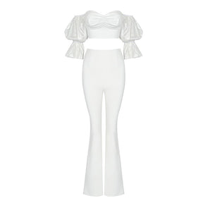 VC White Two Pieces Set Women Trendy Sparkle Sleeves Design Ruffles Puff Sleeves Off Shoulder Celebrity Party Club Tops Pants