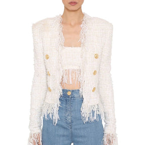 White Tweed Jacket suits Women New Autumn Winter woolen Cloth Fringed Tassel Long Sleeve