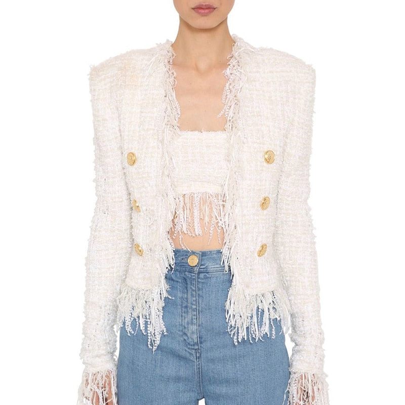 White Tweed Jacket suits Women New Autumn Winter woolen Cloth Fringed Tassel Long Sleeve