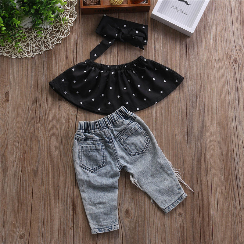 3pcs Baby Girl Summer Clothes Set Dot Sleeveless Top Vest Hole Jeans Pants Bow Headband Outfits Fashion Casual Kids Clothing Set