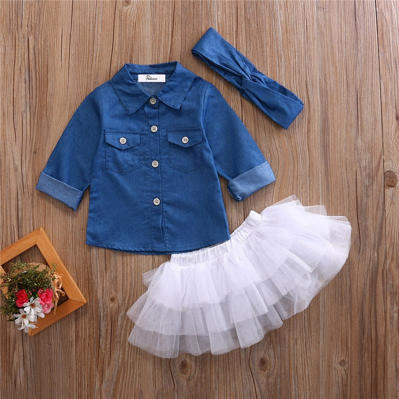 Clothing Sets Baby Girls Clothes Denim Shirt Top +Tutu Skirts+Headband 3pcs Outfits Sets 0-5T