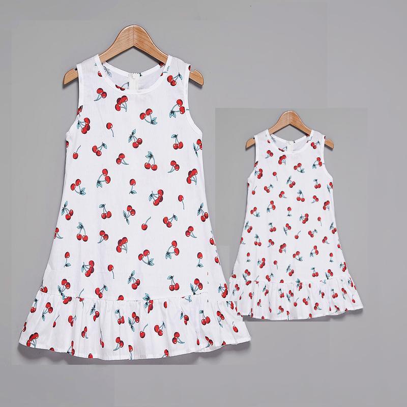 Mother Daughter Dress Family Matching Clothes Cotton Fruit Printed Mom And Daughter Dresses Family Look Outfits