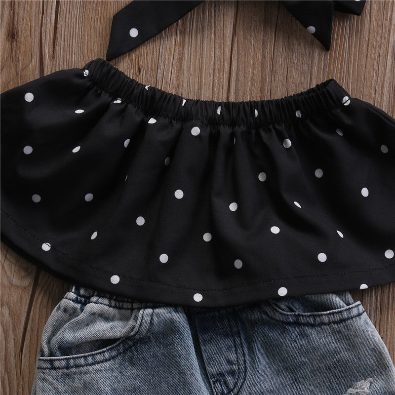 3pcs Baby Girl Summer Clothes Set Dot Sleeveless Top Vest Hole Jeans Pants Bow Headband Outfits Fashion Casual Kids Clothing Set