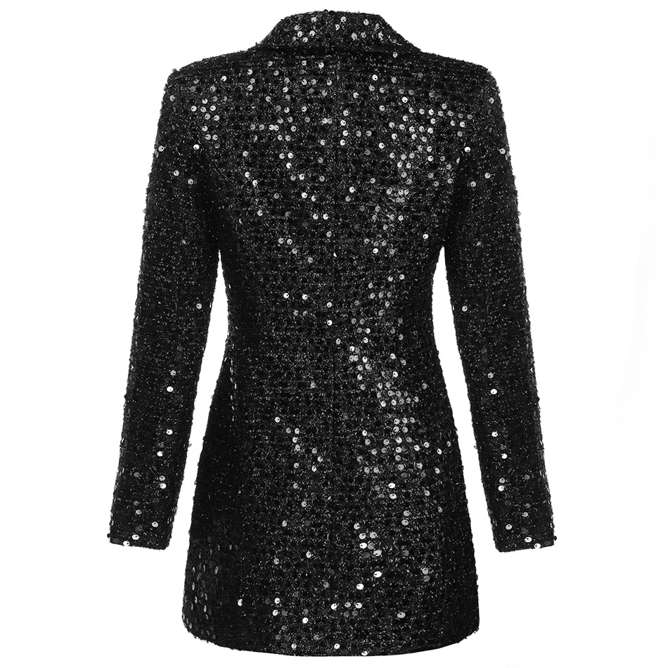 Designer Blazer Women Double Lion Buttons Shawl Collar Glitter Sequined Long Runway Black Blazers