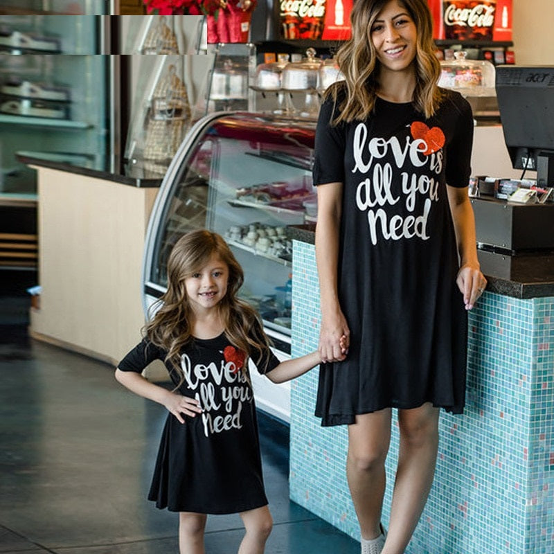 Mom and Daughter Dress Love Letter Print Mini Dress For Mommy and Daughter Family Matching Clothes