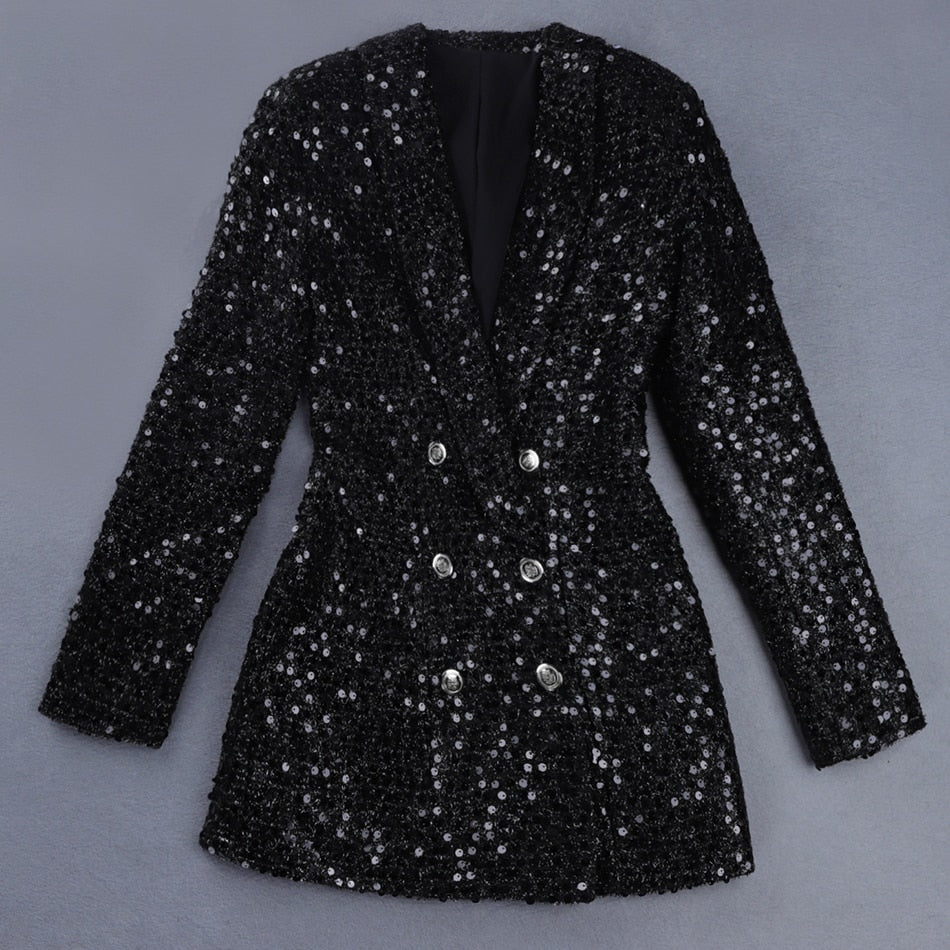 Designer Blazer Women Double Lion Buttons Shawl Collar Glitter Sequined Long Runway Black Blazers