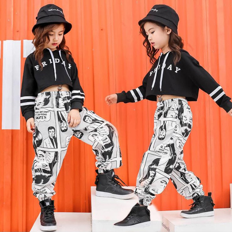 Kids Hip Hop Hoodie Clothing Girls Cropped Sweatshirt Tops Jogger Pants Jazz Dance Costume Dancing Clothes Stage Party Wear Suit