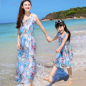 Family Clothes Sets New Summer Style Cotton Floral Printing Sleeveless Bohemian Maxi Dress mother and daughter dress