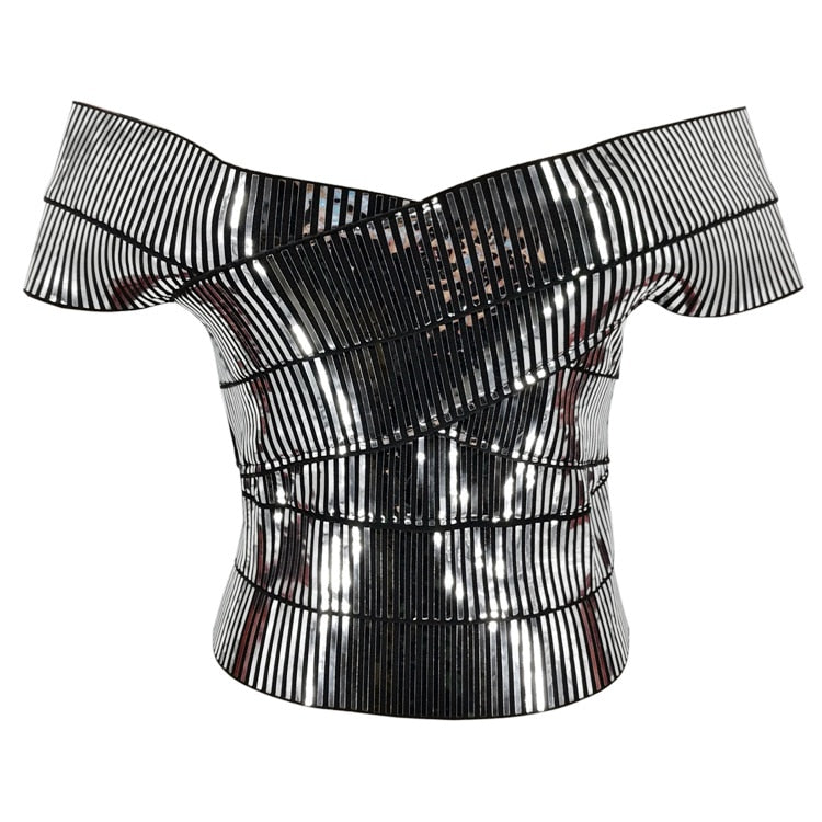 Young Gee Women Gold Silver Camis Wrapped Bustier Off the Shoulder Tank Crop Tops Sexy Summer Short Sleeve Club Cropped Feminino