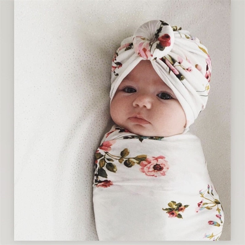 Newborn Baby Hat Turban Cotton Beanie Infant Baby Swaddle Blanket Boy Girl Floral Baby Wrap