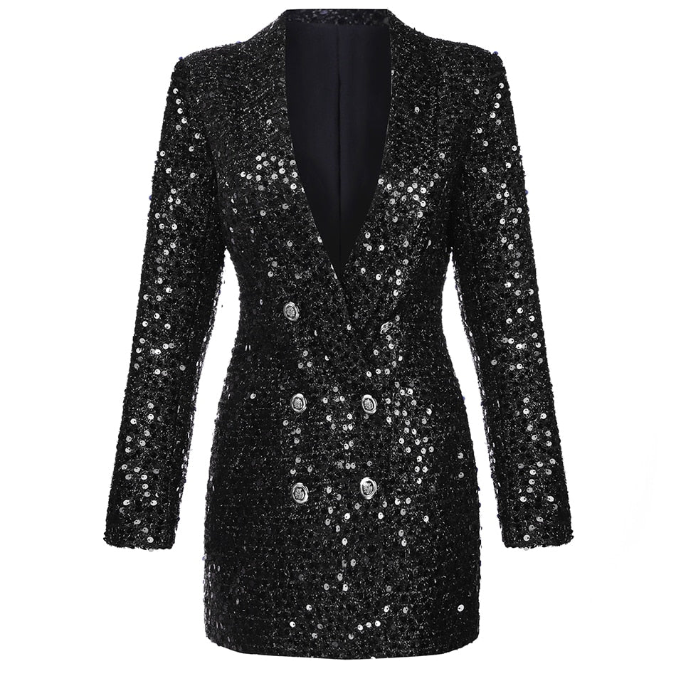 Designer Blazer Women Double Lion Buttons Shawl Collar Glitter Sequined Long Runway Black Blazers