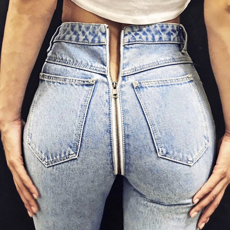 Sexy Back Zipper Light Blue Denim Jeans Women High Waist Skinny Pencil Pant Female Streetwear Trousers