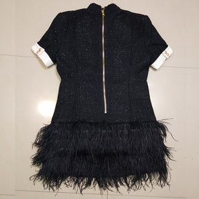 New Designer Real Feathers Dress Runway Black White Patchwork Tassel Mini Gold Lion Button Short Sleeve  Dress Drop Shipping