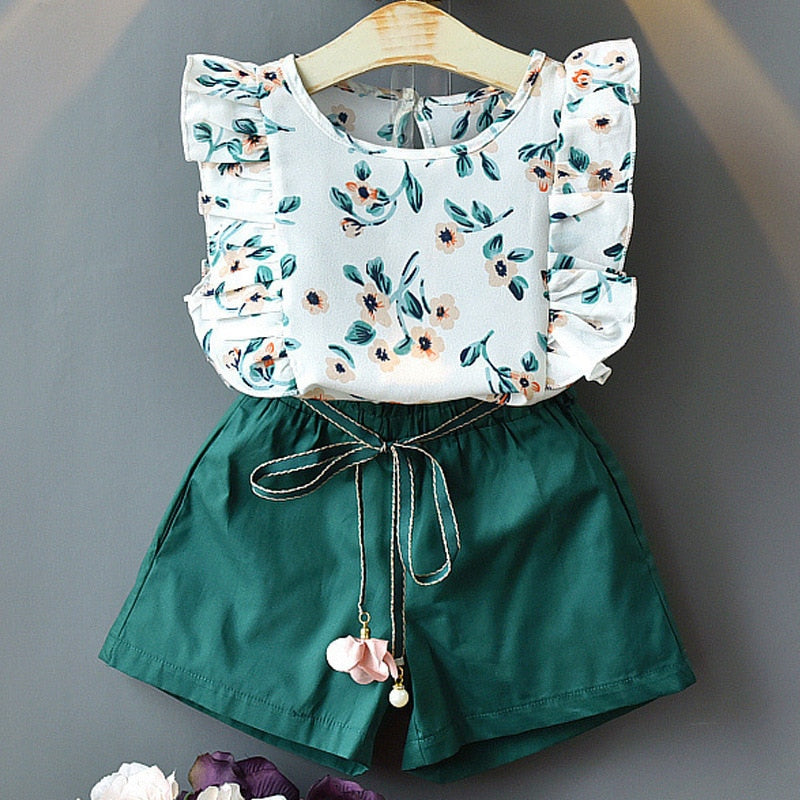 Clothing Set Cute Flowers Flying Sleeves T-shirt+ Shorts Kids Suit