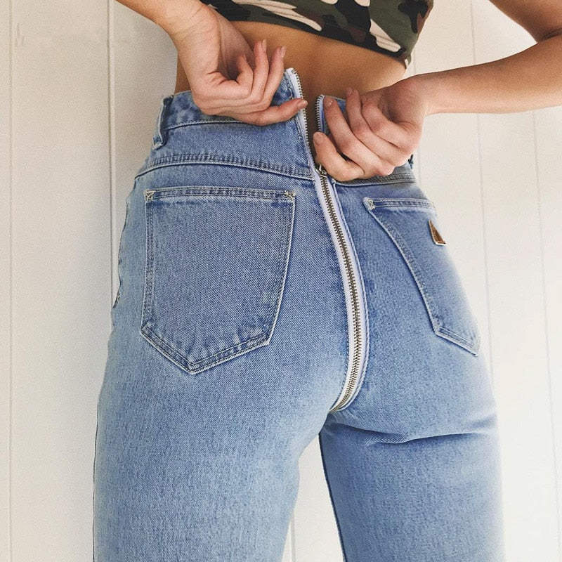Sexy Back Zipper Light Blue Denim Jeans Women High Waist Skinny Pencil Pant Female Streetwear Trousers