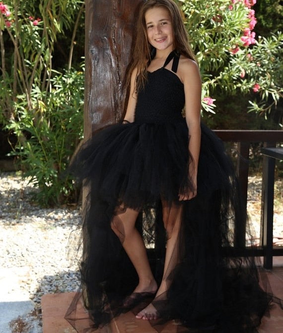 Elegant Girls Black Trailing Tutu Dress Kids Crochet Tulle Strap Dress Evening Ball Gown Children Birthday Party Costume Dresses