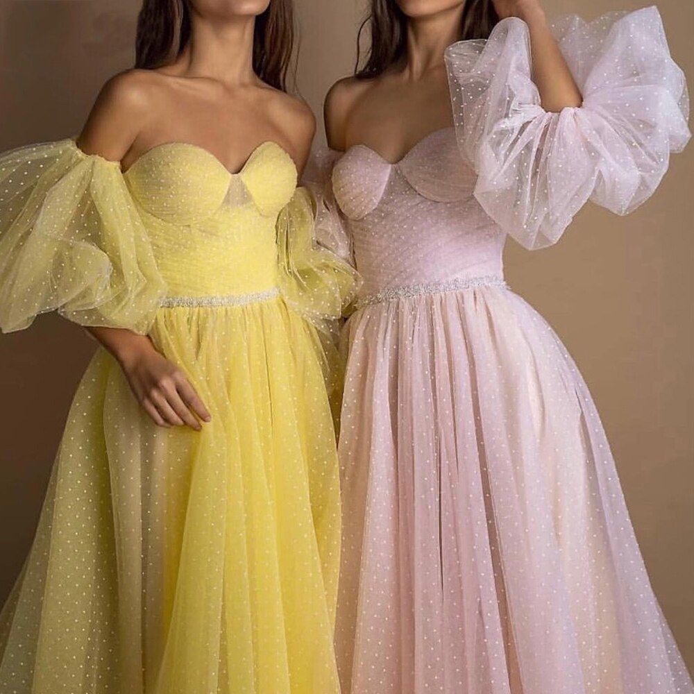 Sweetheart Pink Long Evening Dress Party Elegant 2022 Robe De Soiree Detachable Sleeves Yellow Prom Dresses With Belt
