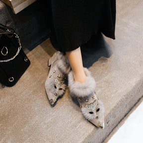 Women Rabbit Fur Snow Boots Autumn Winter Fashion Ladies Metal Pointed Toe Shoes Female Plush Thick Heel Ankle Boots High heels