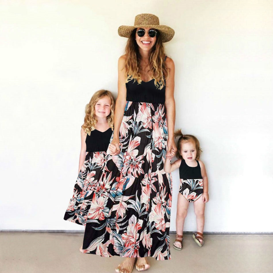 Mommy And Me Clothes Patchwork Print Sling Long Dress Baby Romper Jumpsuit 2022 Baby Girl Clothes Mom And Daughter Dress