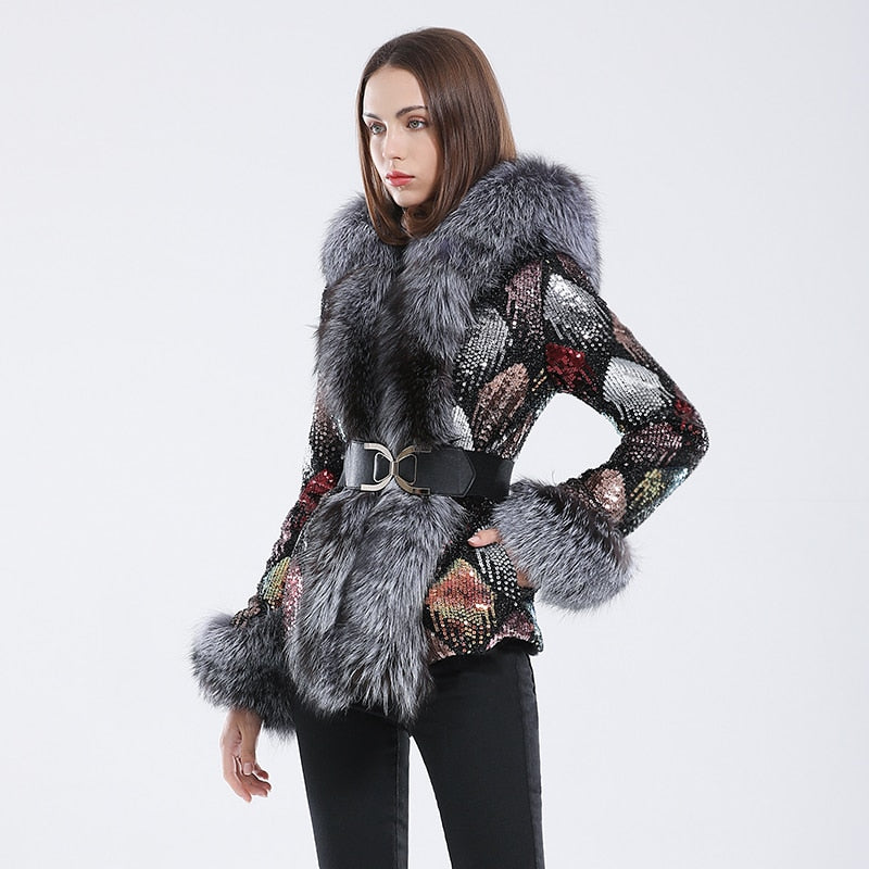 fox fur collar coat long-sleeved women color coat fur parka winter coat