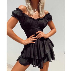 Boho Inspired shirred ruffled neckline tiered mini summer dress rayon black sexy women dress cute puff sleeve boho dress new