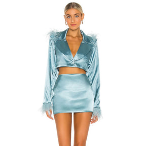 Feather Suit Short Skirt Long Sleeve Cardigan  Suit Women