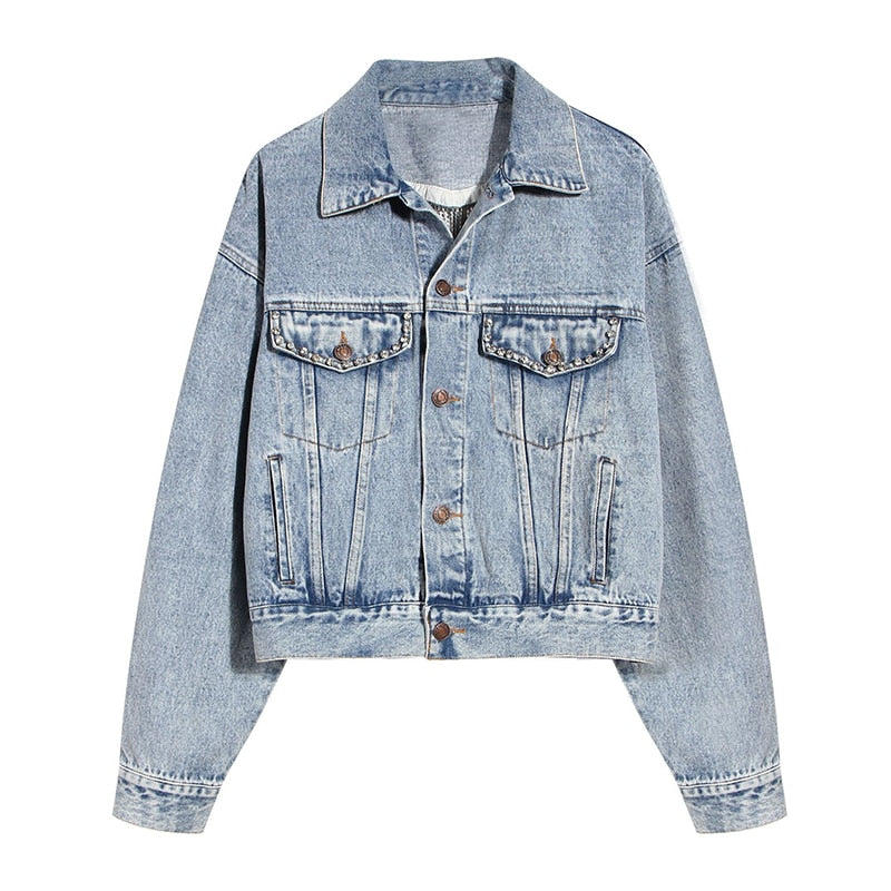 New Chic Beads Chain Design Sexy Back Hollow Out Short Jacket Female Casual Party Wear Denim Jacket