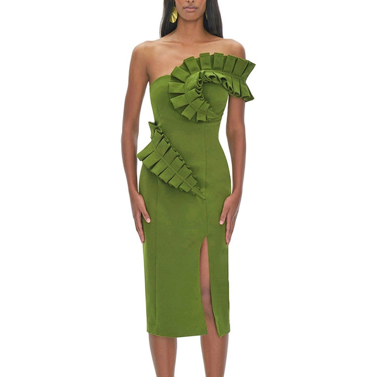 Bodycon One Off Shoulder Midi Party Dress Wedding Sexy Women Green Irregular Ruffles Backless Elegant Evening Dress