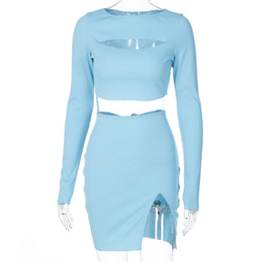 Fashion Casual Two Piece Set Top And Skirts Sets Women's Tracksuit Sexy Hollow Out Bodycon Lounge Set Female Overalls