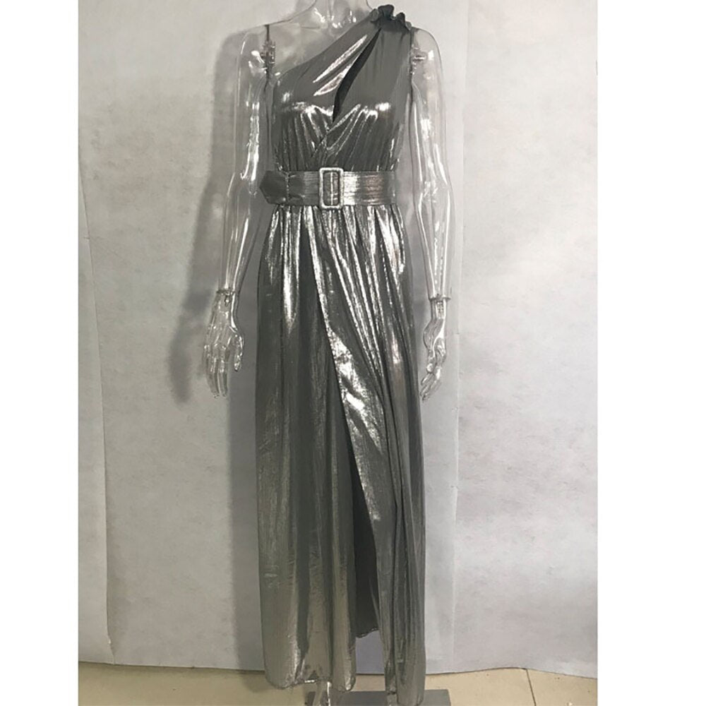 Silver Maxi Evening Party Dress For Women Sexy One Shoulder Split Long Dress Lady Runway Celebrity Sleeveless With Belt Ball Gow