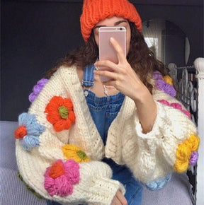 Fashion Women 3D Floral Handmade Sweater Cardigan Luxury Sweet Fall Winter Lantern Sleeve Knitted Loose Short Open Stitch