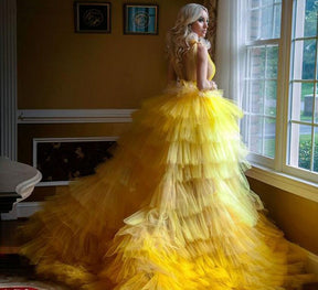 Elegant Princess Prom Gowns High Low Tiered Puff Yellow Tulle Long Evening Dress Deep V Neck Prom Party Dresses Custom Made