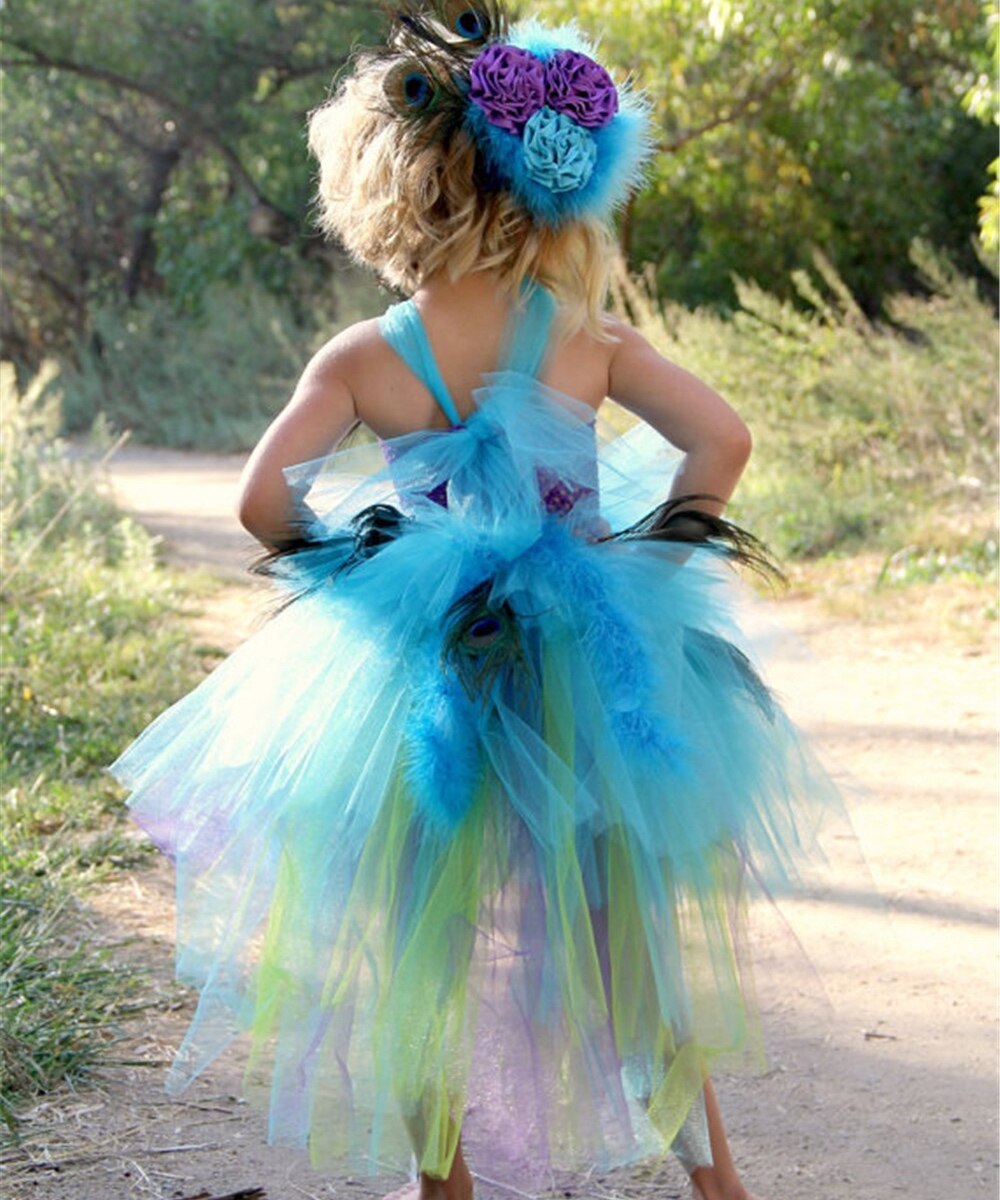 Girls Peacock Feather Tutu Dress Kids Crochet Tulle Trailing Dress with Flower Hairbow Children Cosplay Party Costume Dresses