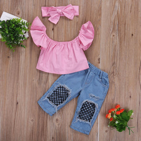 3Pcs Toddler Baby Girl Clothes Pink Off Shoulder Tops Ripped Denim Pants Jeans Headband Kids Summer Outfits Set