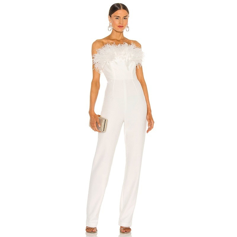 White Jumpsuit For Women Feather Decoration Design Sleeveless Straight Trousers